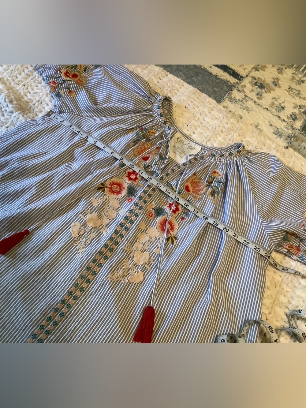 Blue Striped Embroidered Peasant Blouse with Red Tassels - Picture 13 of 14